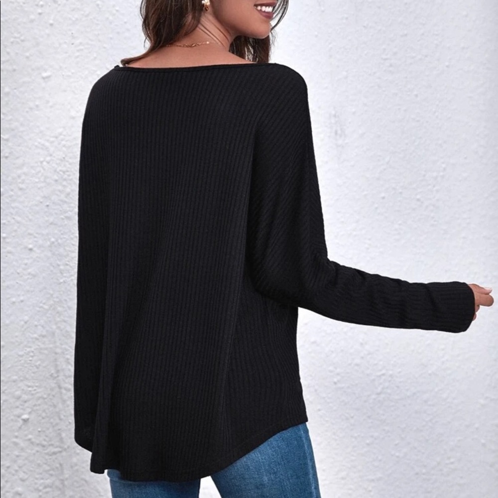 Oversized ribknit dolman long sleeve tee top BLACK - Picture 2 of 8